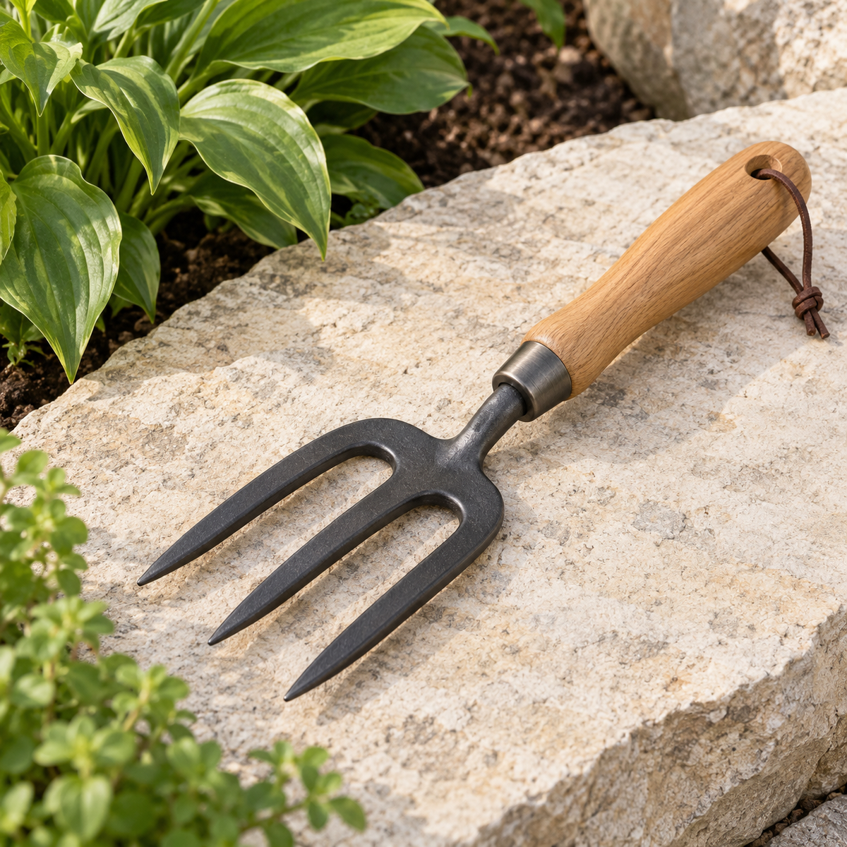 Three-Tine Garden Hand Fork in a gardening setting