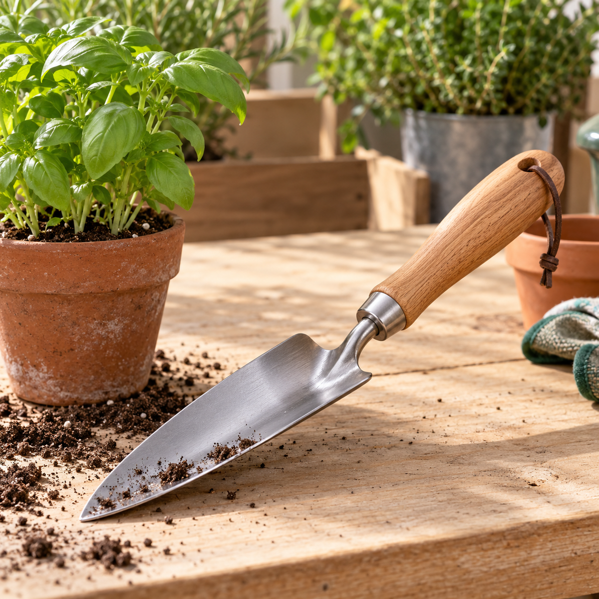 Narrow Transplanting Trowel in a gardening setting