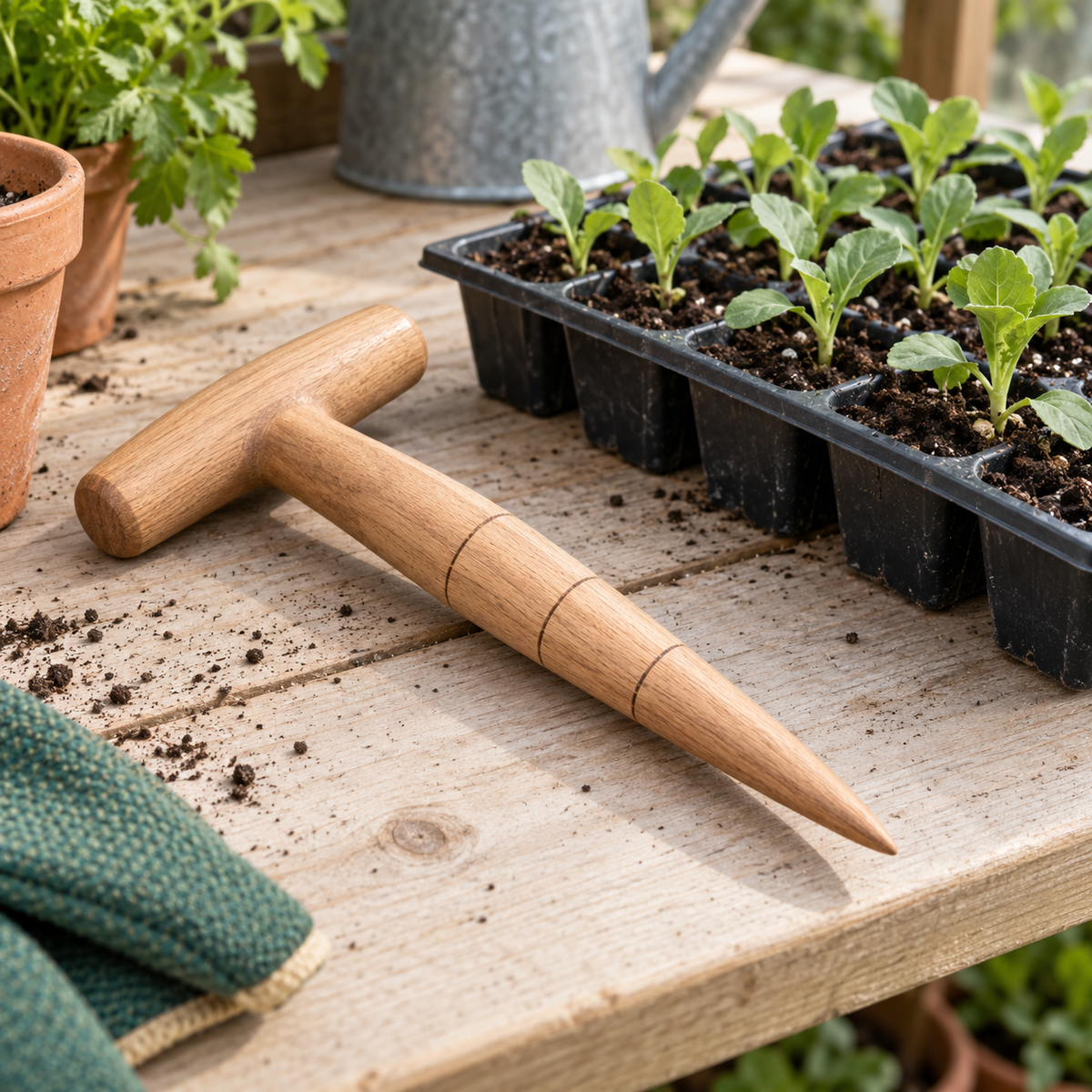 T-Handle Garden Planting Dibber in a gardening setting