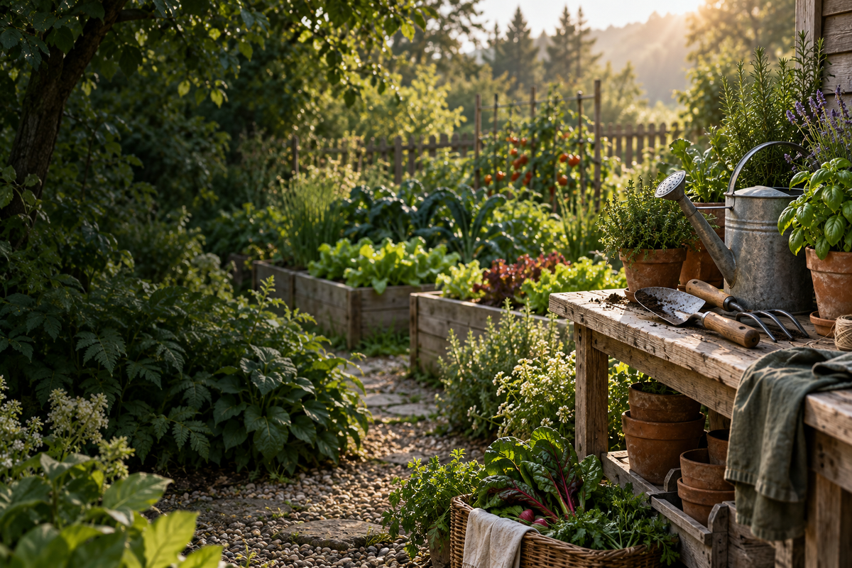 Morning vegetable garden and gardening tools on a potting bench