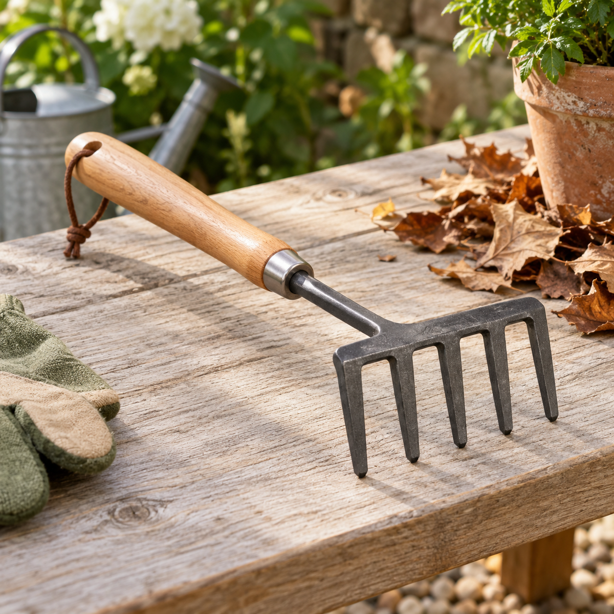 Compact Garden Hand Rake in a gardening setting