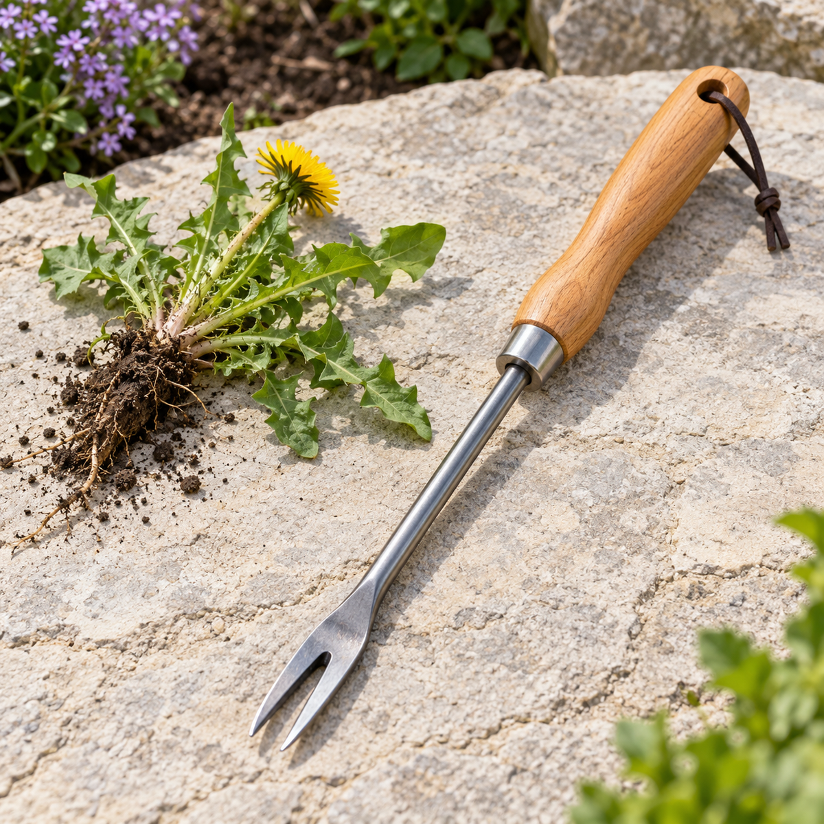 Fork-Tip Garden Weed Lifter in a gardening setting